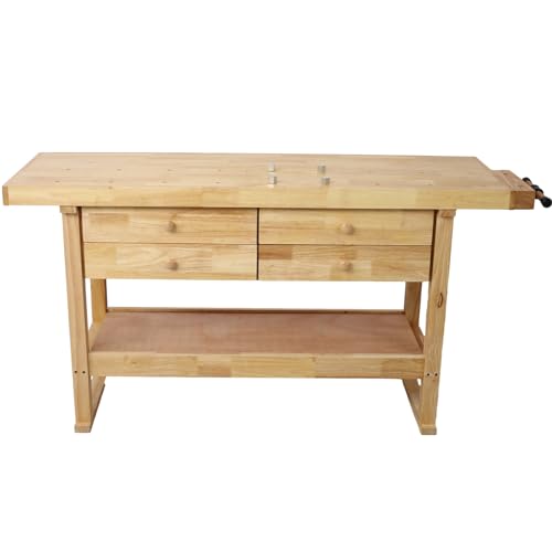 60" Solid Wood Workbench with 4 Drawers and Lower Shelf, Durable Rubberwood Wooden Workbench for Garage, Woodworking Carpenter Workshop and Home Natural Finish 330 lbs Capacity Gooamz