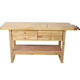 60" Solid Wood Workbench with 4 Drawers and Lower Shelf, Durable Rubberwood Wooden Workbench for Garage, Woodworking Carpenter Workshop and Home Natural Finish 330 lbs Capacity Gooamz
