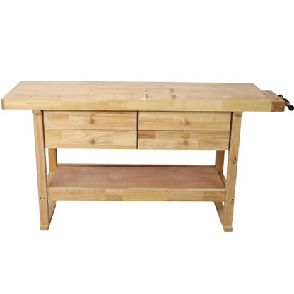 60" Solid Wood Workbench with 4 Drawers and Lower Shelf, Durable Rubberwood Wooden Workbench for Garage, Woodworking Carpenter Workshop and Home Natural Finish 330 lbs Capacity - WoodArtSupply