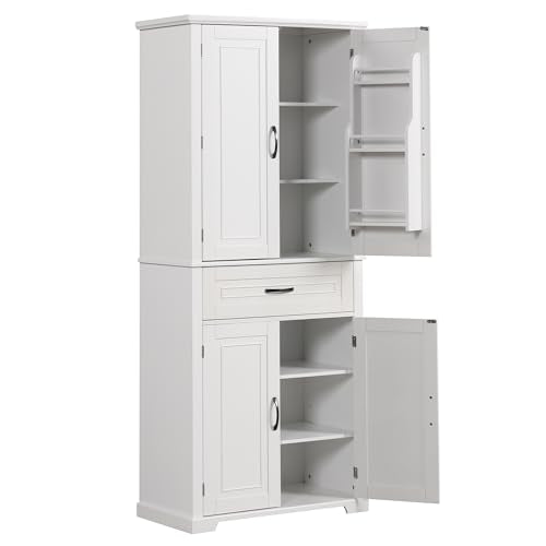 Merax Tall Storage Cabinet with Doors and Drawer, Pantry Cupboard with Rack Organizers Wide Display Shelf for Bathroom or Kitchen, White - WoodArtSupply