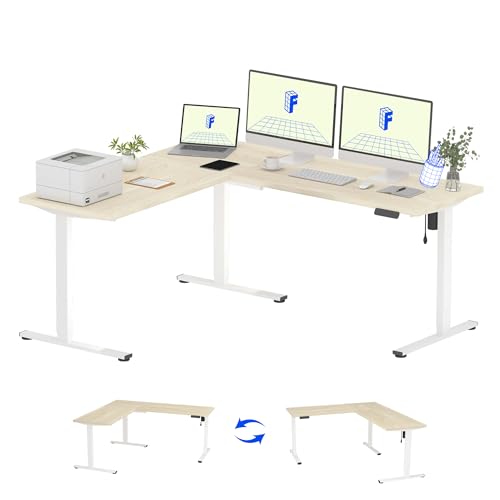 FLEXISPOT L Shaped Standing Desk, 71 x 63 Inch Electric Height Adjustable Corner Desk, Sit Stand Computer Workstation, Preset Controller, Home Office, White Frame with Maple Top FLEXISPOT