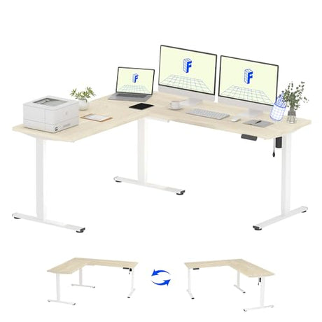 FLEXISPOT L Shaped Standing Desk, 71 x 63 Inch Electric Height Adjustable Corner Desk, Sit Stand Computer Workstation, Preset Controller, Home Office, White Frame with Maple Top FLEXISPOT