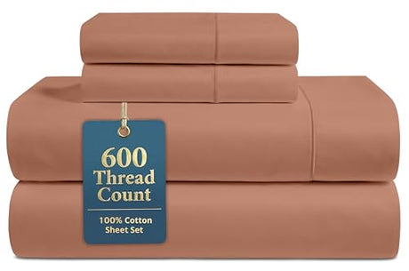 LANE LINEN Bed Sheets Queen Size – Premium 600 Thread Count Long-Staple 100% Cotton Sheets Queen Size Set, Hotel Luxury Soft & Cool Sateen Finish, Fully Elasticized 15" Deep Pocket – Rose Dawn LANE LINEN