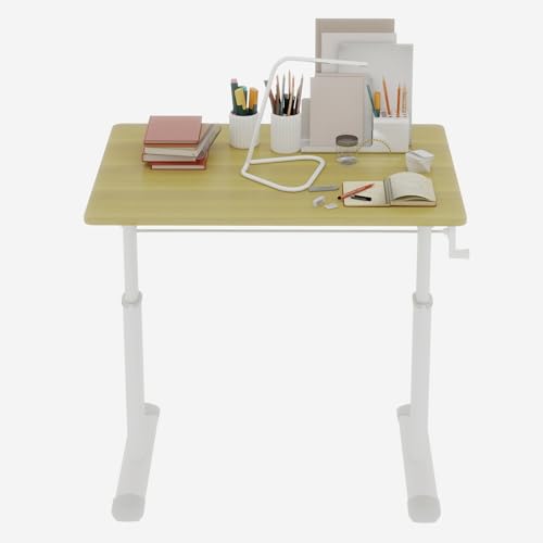 Penau Height Adjustable Standing Desk, Manual Crank Sit Stand Computer Desk, Compact Rectangular Home Office Study Desk, White Frame Natural Wood Top, 32.68 x 23.62 x 35.43 Inchs Penau