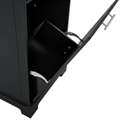 Ball & Cast Fluted Kitchen Island with Trash Can Storage Cabinet,Power Outlet,Internal Storage Rack,Rolling Kitchen Islands On 5 Wheels W/3 Drawers & 3 Open Side Racks for 10 Gallon Garbage Bin,Black Ball & Cast