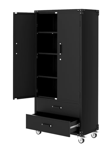 GarveeHome 72 in Metal Storage Cabinet with Wheels, Locking Doors & 2 Drawers,Heavy Duty Rolling Garage Organizer with 3 Adjustable Shelves for Home/Office/Workshop/Warehouse GarveeHome