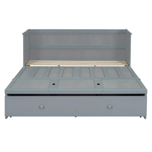 Harper & Bright Designs Queen Size Murphy Bed Cabinet, Solid Pine Wall Bed Chest with USB, Charging Station and Large Storage Drawer for Home Office or Small Room - Gray Harper & Bright Designs