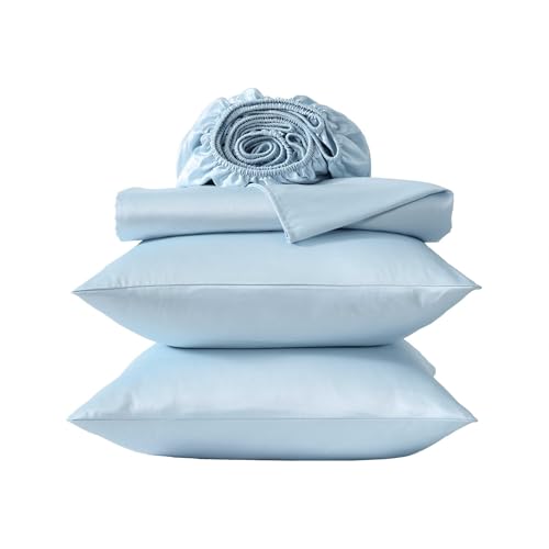Laura Ashley - Twin Sheet Set, 100% Soft & Silky Smooth Satin Bed Sheets, Deep Pockets, Bedding with Matching Fitted Sheet & Pillowcase (Bliss Blue) Laura Ashley