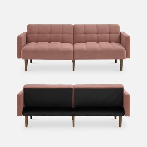 mopio Aaron Couch, Small Sofa, Futon, Sofa Bed, Sleeper Sofa, Loveseat, Mid Century Modern Futon Couch, Sofa Cama, Couches for Living Room, Bedroom (Old Rosa, Velvet) mopio