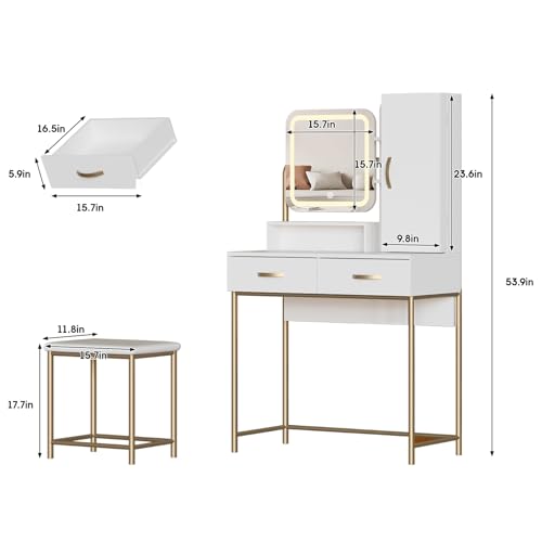 Fameill Vanity Desk with Mirror and Lights, White Makeup Table and Chair Set with 2 Storage Drawers&Cabinet&Shelves, Small Vanity Desk for Bedroom, 3 Lighting Mode Fameill