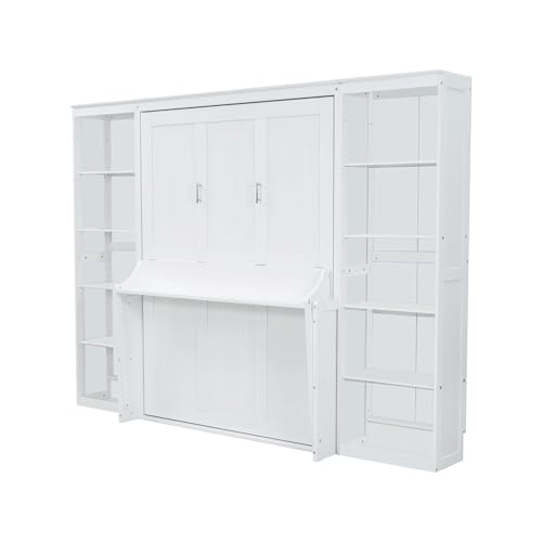 Ball & Cast Full Size Murphy Bed Wood Hideaway Cabinet Platform Bedframe with Desk and Bookshelf,Wall Chest w/Slat Support & Storage Racks,can be Folded,Space-Saving,for Small Room,Dorms,White Ball & Cast