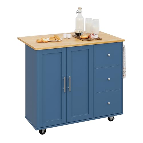 Shintenchi Rolling Kitchen Island Cart with Folding Drop Leaf Breakfast Bar, Portable Trolley Island with Large Storage Cabinet, Shelf and Drawer, Blue