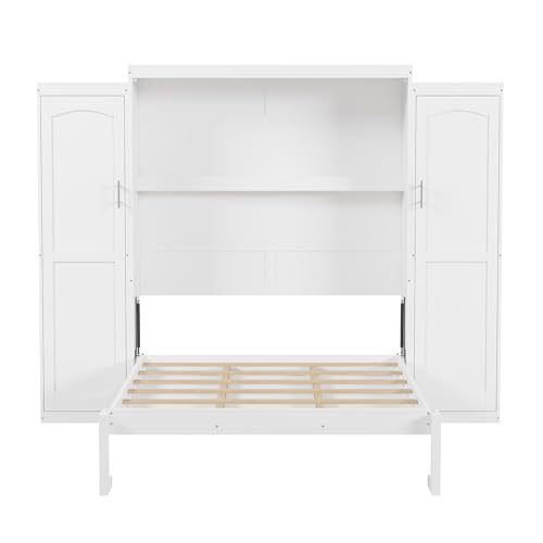 Harper & Bright Designs Full Size Murphy Bed, Wood Full Wall Bed with Two Closets and Storage Shelf, Multifunctional Foldable Platform Bed Frame for Guest-Room/Bedroom, White Harper & Bright Designs