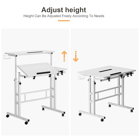 SogesHome 31.5 inch Mobile Standing Desk Adjustable Computer Desk Rolling Laptop Cart Portable Laptop Stand on Wheels Home Office Workstation with Cup Holder,Headphone Holder, Upgrade White SogesHome