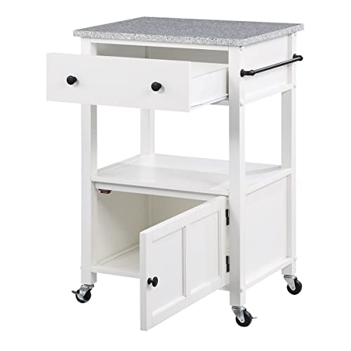 OSP Home Furnishings Fairfax Kitchen Cart with Granite Work Top and Extra Storage Drawer and Cabinet, White