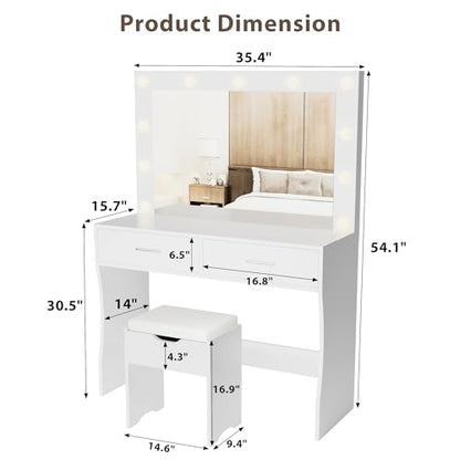 Furmax Vanity Desk Set with Large Lighted Mirror, 35.4 Inch Makeup Vanity Table with 2 Drawers, Cushioned Storage Stool, 3 Lighting Modes Brightness Adjustable, Dressing Table for Bedroom (White)