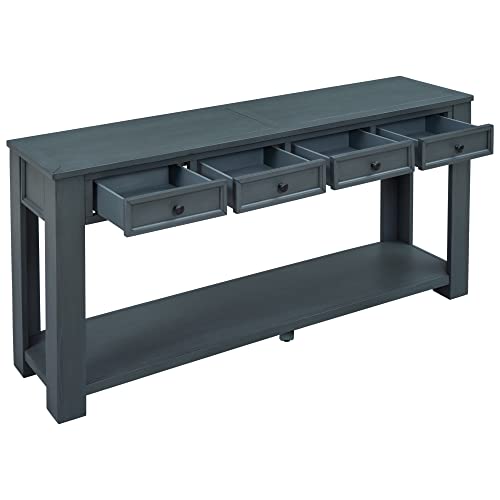 Knocbel Console Table with 4 Storage Drawers Bottom Shelf, Rustic Distressed Sofa Table for Entryway Hallway, Assembly Required, 63" W x 14" D x 30" H, Navy Knocbel