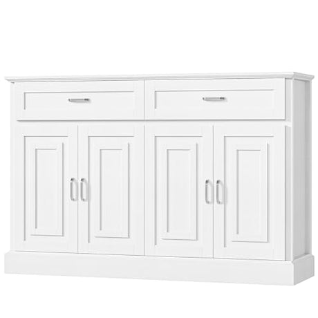 FACBOTALL Sideboard Buffet Cabinet with Storage, 55.1" Large Kitchen Storage Cabinet with 2 Drawers and 4 Doors, Farmhouse Coffee Bar for Kitchen Dining Room, White FACBOTALL
