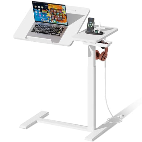 EKNKOZY Standing Desk, Medical Overbed Table with Rolling Tray and Power Outlet, Dual Pneumatic Angle and Height Adjustable Desk, Portable Side Table with Drawer, Home & Hospital Use, White EKNKOZY