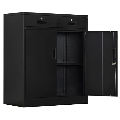 CJF Metal Storage Cabinet with 2 Doors and 2 Locking Drawers, Steel Storage Cabinets for Office/Home 36.2" H x 31.5" W x 15.7" D (Black)