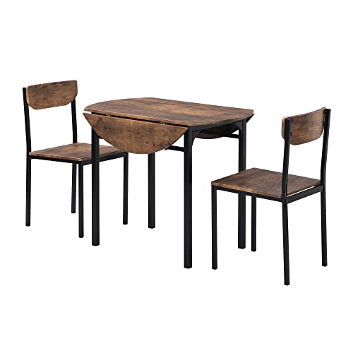 P PURLOVE 3 Piece Drop Leaf Dining Table Set,Solid Wood Kitchen Table and Chair Set of 2,Farmhouse Round Table and 2 Chairs for Small Places,Apartment,Kitchen P PURLOVE