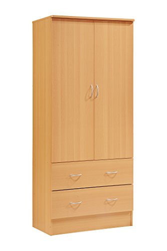 HODEDAH 2 Door Wood Wardrobe Bedroom Closet with Clothing Rod inside Cabinet and 2 Drawers for Storage, Beech Hodedah