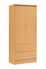 HODEDAH 2 Door Wood Wardrobe Bedroom Closet with Clothing Rod inside Cabinet and 2 Drawers for Storage, Beech Hodedah
