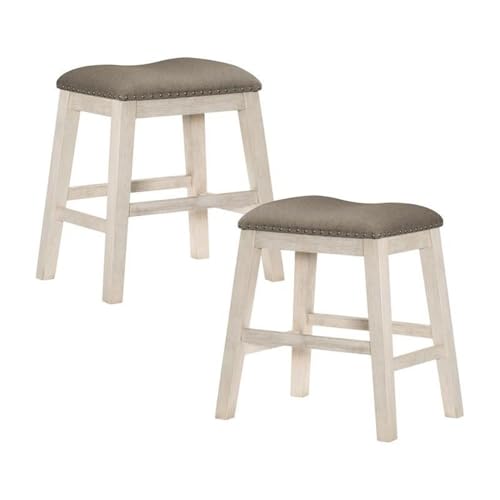 Pemberly Row 5-Piece Transitional Wood & Fabric Upholstery Counter Height Dining Set with 3-Shelf Table & 4 Nailhead Trim Stools, Easily Seats 4 People, in Antique White Finish Pemberly Row