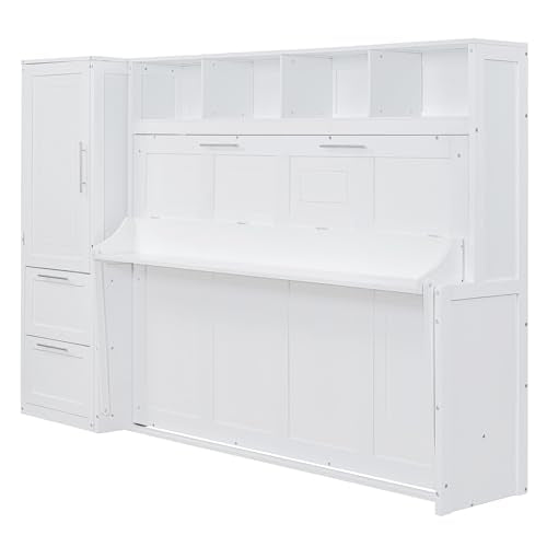 SOFTSEA Queen Size Horizontal Murphy Bed, Queen Murphy Bed with Desk Wardrobe Storage Shelf, Hideaway Wall Bed Frame with Drawers Space-Saving for Guest Room Bedroom or Office, White SOFTSEA