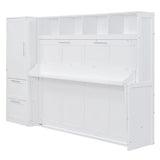 SOFTSEA Queen Size Horizontal Murphy Bed, Queen Murphy Bed with Desk Wardrobe Storage Shelf, Hideaway Wall Bed Frame with Drawers Space-Saving for Guest Room Bedroom or Office, White SOFTSEA