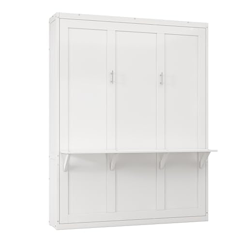Ball & Cast Murphy Bed Queen Szie Multi-Function 68-inch Cabinet with Desk Combo,No Spring Box Required,Folding Wall Hideaway Bed Frame w/Slat Support,for Guest Room,Study, Office,White Ball & Cast