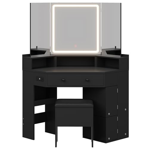 HAUOMS Corner Vanity Desk with Mirror and Lights, Power Outlet & Rotating Shelves, Makeup Vanities with Storage Bench, Drawers, 3 Light Settings, Dimmable for Women Girls, Black HAUOMS