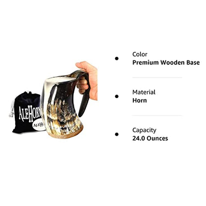 AleHorn Original Handcrafted Authentic Viking Drinking Horn Tankard for Beer Mead Ale - Genuine Medieval Inspired Stein Mug Food Safe Vessel with Handle (24oz) - WoodArtSupply