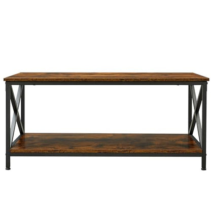 VASAGLE Coffee Table, Cocktail Table with Storage Shelf and X-Shape Steel Frame, Industrial Farmhouse Style, 39.4 x 21.7 x 17.7 Inches, Rustic Brown and Black ULCT200B01V1