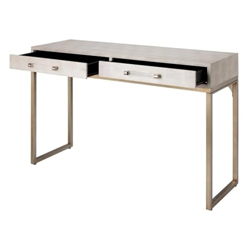Eden Home 2-Drawer Faux Leather Console Table, Cream and Champagne Finish, 31" H x 48" W x 17" D, Clear Acrylic Handles, Iron Base, Transitional Style for Living Room or Entryway Storage Eden Home