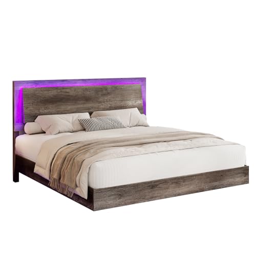 LUXOAK King Size Floating Platform Bed Frame with LED Light, Farmhouse Bed Frame with Headboard/No Box Spring Needed/Noise Free/Easy Assembly, Rustic Grey LUXOAK