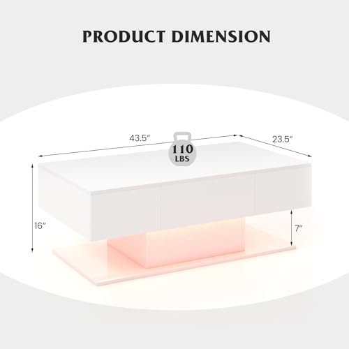 Tangkula LED Coffee Table with 2 Drawers, High Glossy Modern Center Table, 20-Color Dimmable LED Lights & Remote Control, 2-Tier Rectangle Coffee Table for Living Room (with Drawer, White) Tangkula