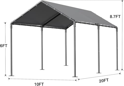 Carport, 10x20ft Heavy Duty Portable Garage, Car Port with Storage Shed, Car Canopy Car Tent with Steel Frame All-Season Tarp for Car, Truck, Boat, Party, Grey TANGJEAMER