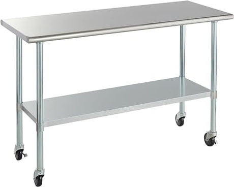 ROCKPOINT Stainless Steel Table for Prep & Work with Caster Wheels 60x24 Inches, NSF Metal Commercial Kitchen Table with Adjustable Under Shelf and ROCKPOINT