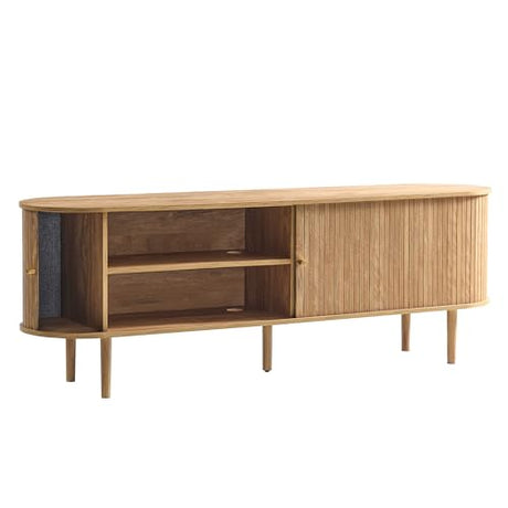 AMERLIFE 70" Mid-Century Modern TV Stand, TV Console Table for TVs up to 80 Inch, Fluted Wood Media Console with Storage, Solid Wood Legs, Natural Oak AMERLIFE