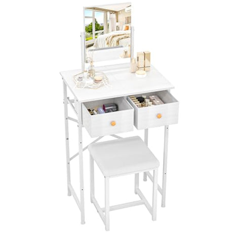 X-cosrack Small Makeup Vanity Desk with Mirror & Chair, Mini Vanity Desk Table Set with Fabric Storage Drawer, 19.7" Compact Vanity Desk for Girls, Dressing Table with Chair for Bedroom, White X-cosrack
