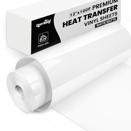 Lzerking Heat Transfer Vinyl White Htv Matte-12 x100ft Iron On Vinyl Roll for Cricut/Cameo Bundle, DIY Shirts, Bags, Socks, Shoes, Pillow and Other Frabic - Easy to Cut & Weed Lzerking