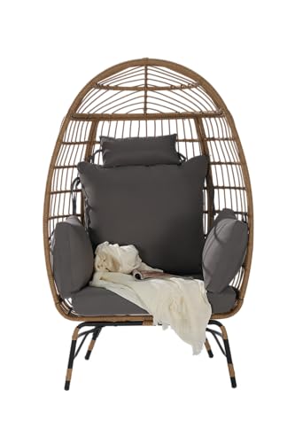 Oversized Patio Egg Chair, Wicker Rattan Egg Chair for Adult, Indoor Outdoor Patio Large Wicker Basket with Water-Resistant Cushion, Outdoor Lounge 360Lbs Capacity - Dark Gray cattino