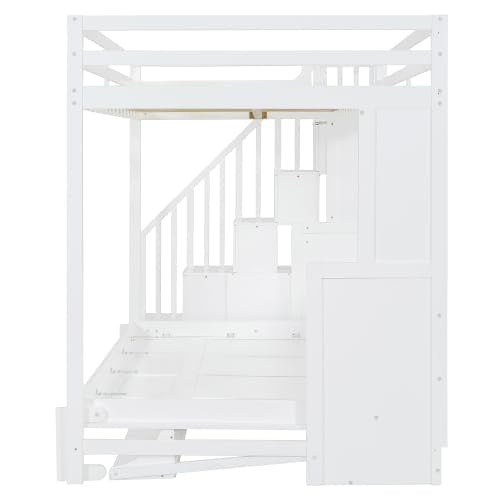 Full Murphy Bunk Bed with Desk and Hydraulic Lift, Full Over Full Size Murphy Bed with Storage Stairs, White Bellemave