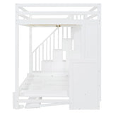 Full Murphy Bunk Bed with Desk and Hydraulic Lift, Full Over Full Size Murphy Bed with Storage Stairs, White Bellemave