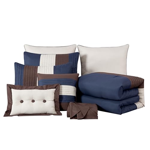 Chezmoi Collection Loft 8-Piece Queen Comforter Set, Midnight Blue/Brown/Coffee Cream Luxury Striped Bedding for All Season Chezmoi Collection