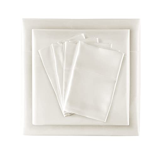 Madison Park Essentials Satin Sheet Set Luxury and Silky with Natural Sheen, Elastic 14" Pocket fits up to 16" Mattress, All Around Elastic - Year-Round Bedding, Full, Ivory, 6 Piece Madison Park