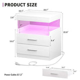 WelFurGeer High Glossy Night Stand, White LED Night Stand with Charger Station, Bedside Table with Drawers, Modern Nightstands, Wood Small Nightstand, Nightstands with Drawers for Bedroom WelFurGeer