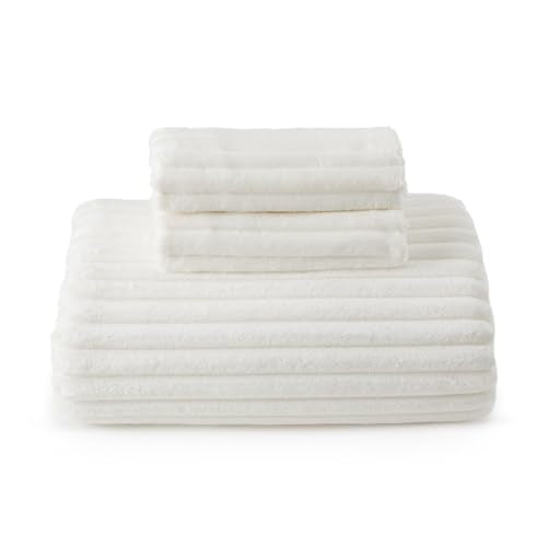 Bedsure Fluffy Duvet Cover Set - Ultra Soft Plush Shaggy Comforter Cover King Size, Warm Flannel Fleece Bed Sets for Winter, 3 Pieces (Striped Pattern, Coconut White) Bedsure