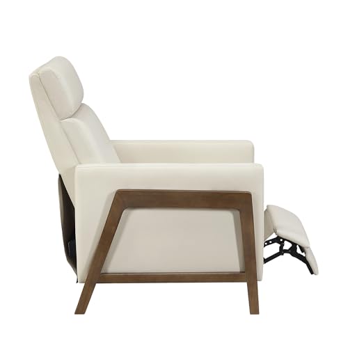 Lexicon Push Back Recliner Chair, Faux Leather Upholstered Reclining Chair with Footrest, Exposed Dark Brown Finish Wood Frame, Small Recliner for Small Space, Living Room, Bedroom, Light Beige